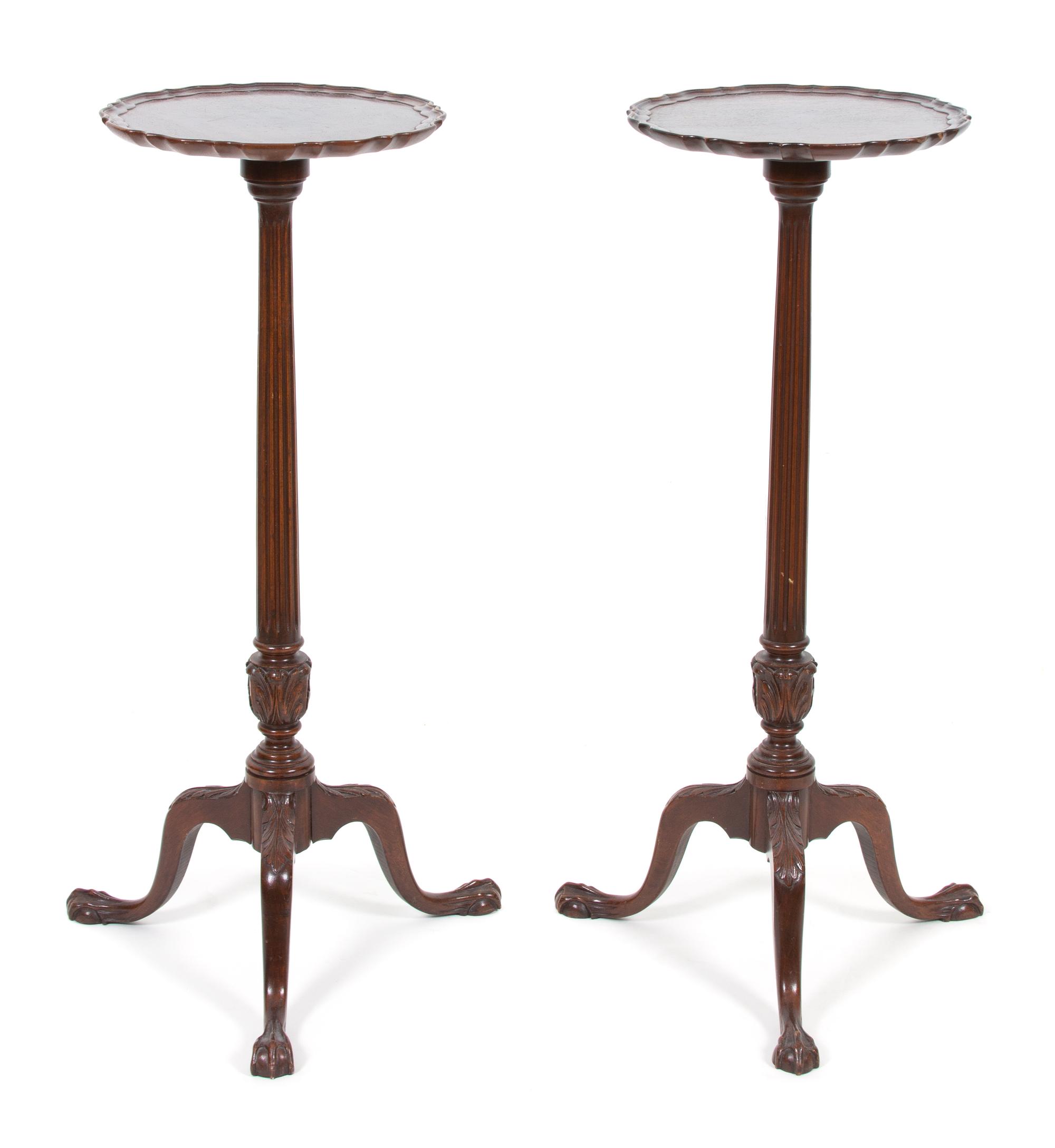 A Pair of George III Style Carved Mahogany Pie Crust Top Pedestal Stands Height 37 x diameter 13 1/2 inches. — 19TH CENTURY