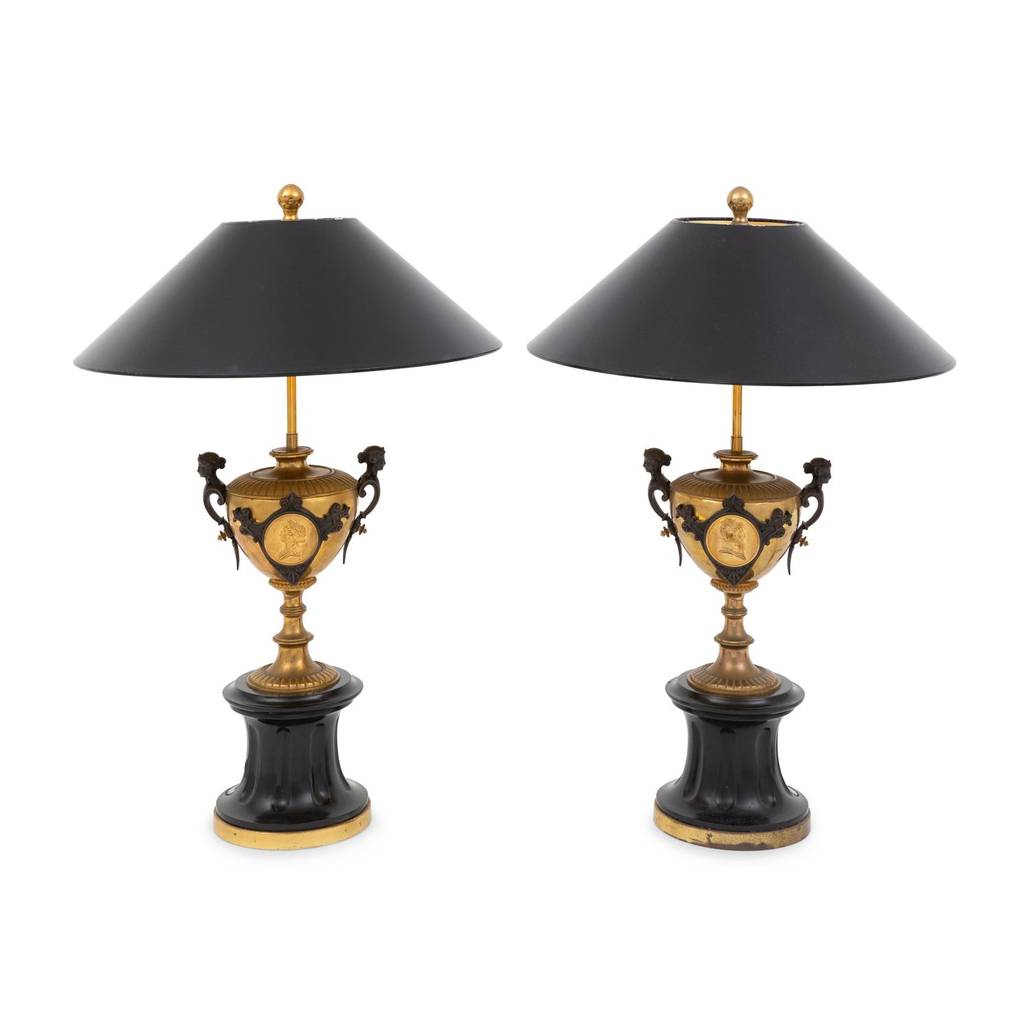 A Pair of French Gilt Bronze Urns Mounted as Lamps
