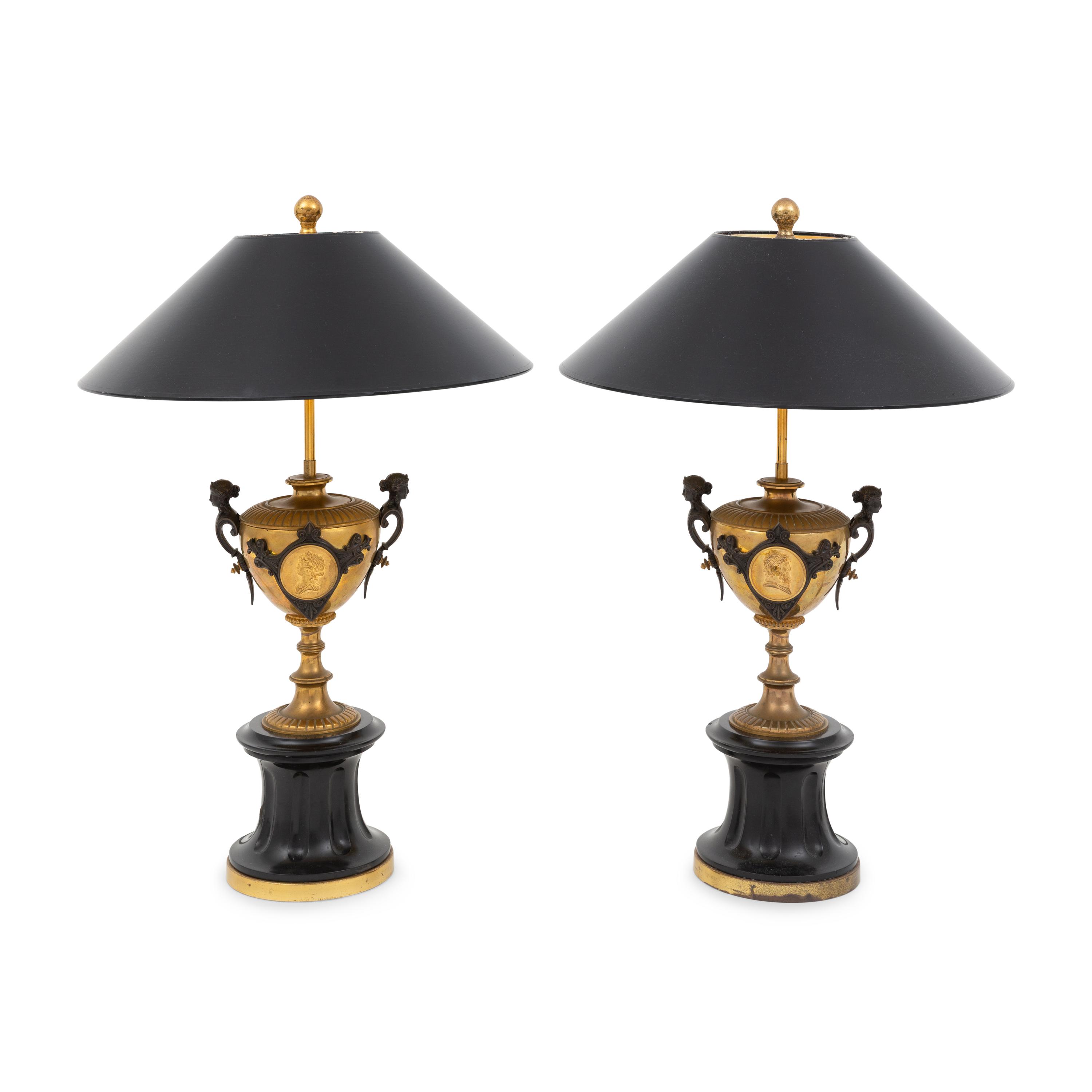 A Pair of French Gilt Bronze Urns Mounted as Lamps