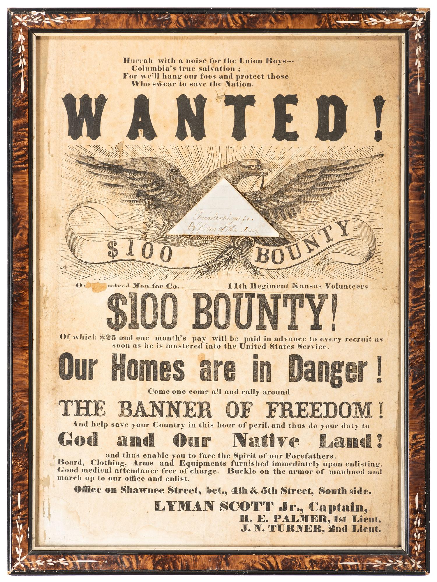 [CIVIL WAR]. Wanted!...Our Homes are in Danger! Recruitment broadside, 11th Kansas Volunteer Cavalry, [1862].