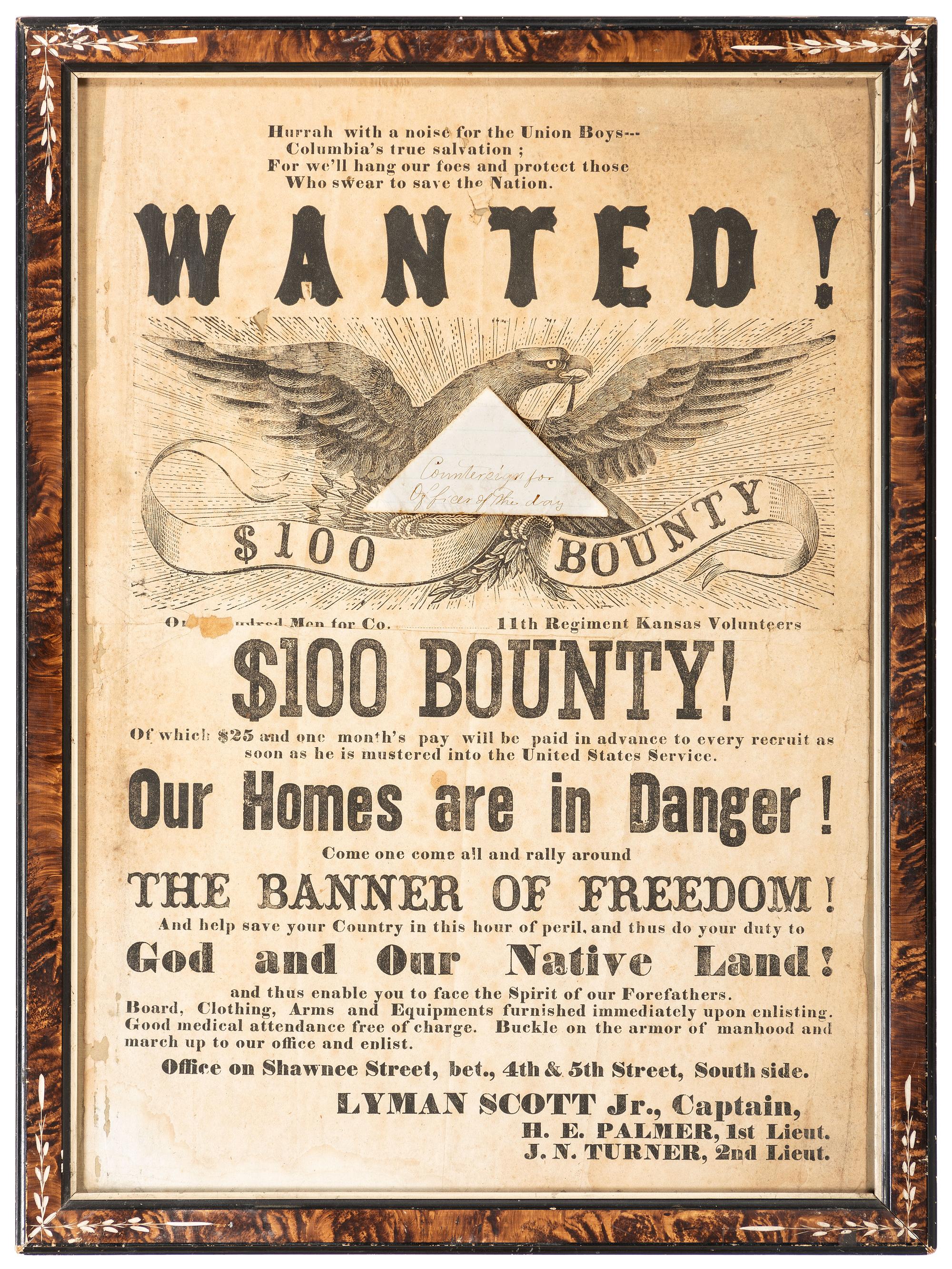 [CIVIL WAR]. Wanted!...Our Homes are in Danger! Recruitment broadside, 11th Kansas Volunteer Cavalry, [1862].