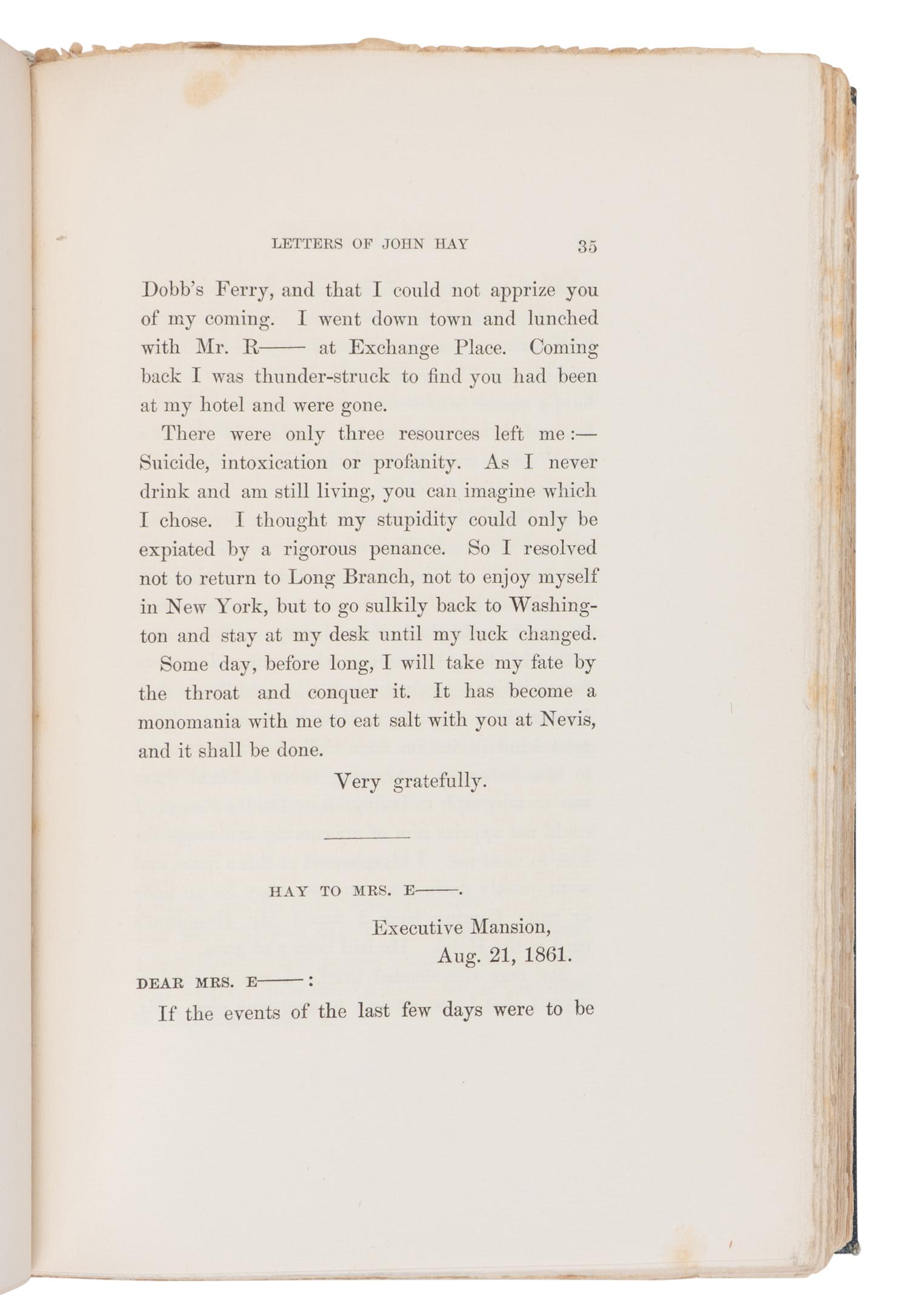 [LINCOLN, Robert Todd (1843-1926), his copy]. -- HAY, John (1838-1905). Letters of John Hay and Extracts from Diary . Washington, D.C.: Clara S. Hay, 1908.