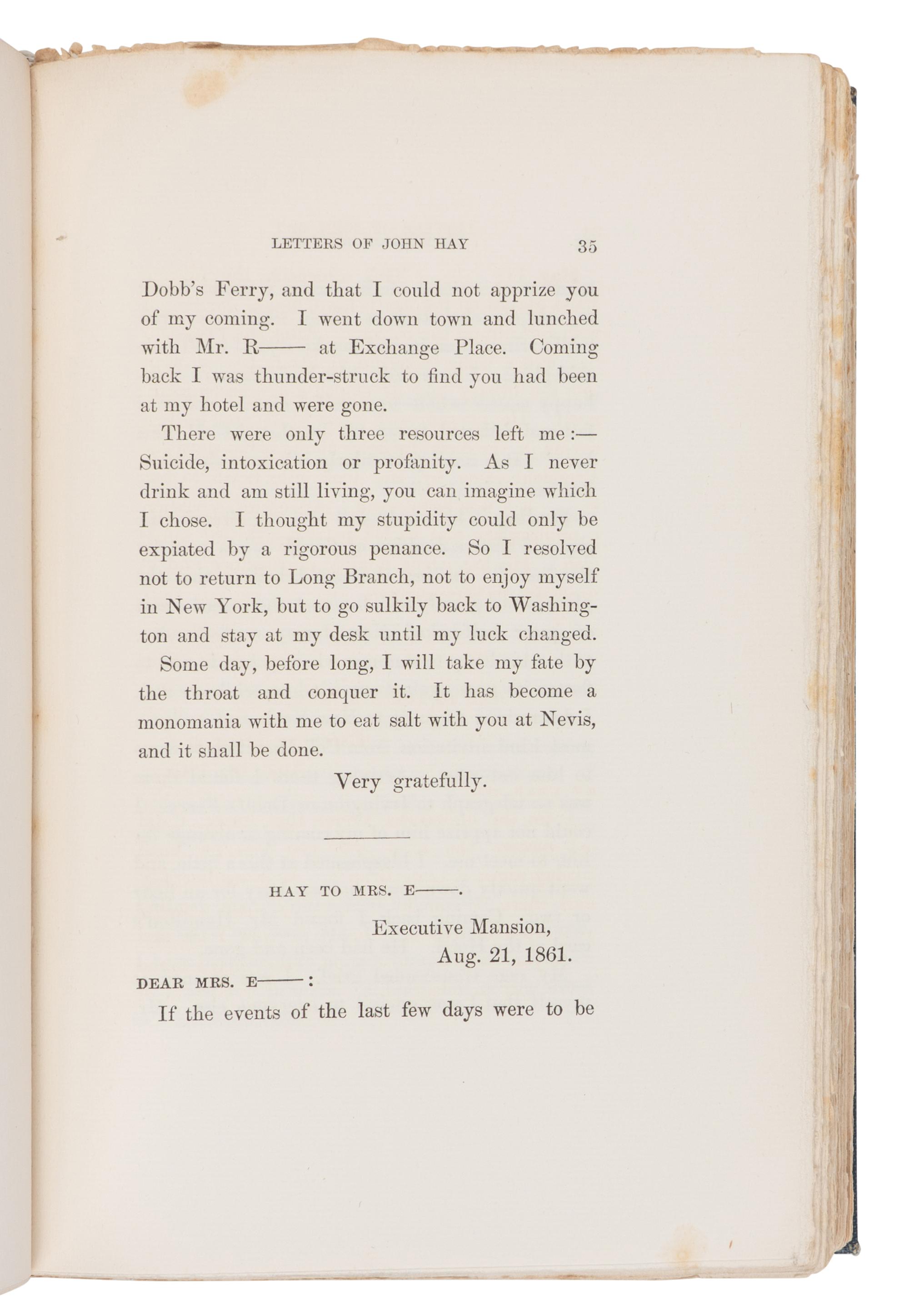 [LINCOLN, Robert Todd (1843-1926), his copy]. -- HAY, John (1838-1905). Letters of John Hay and Extracts from Diary . Washington, D.C.: Clara S. Hay, 1908.