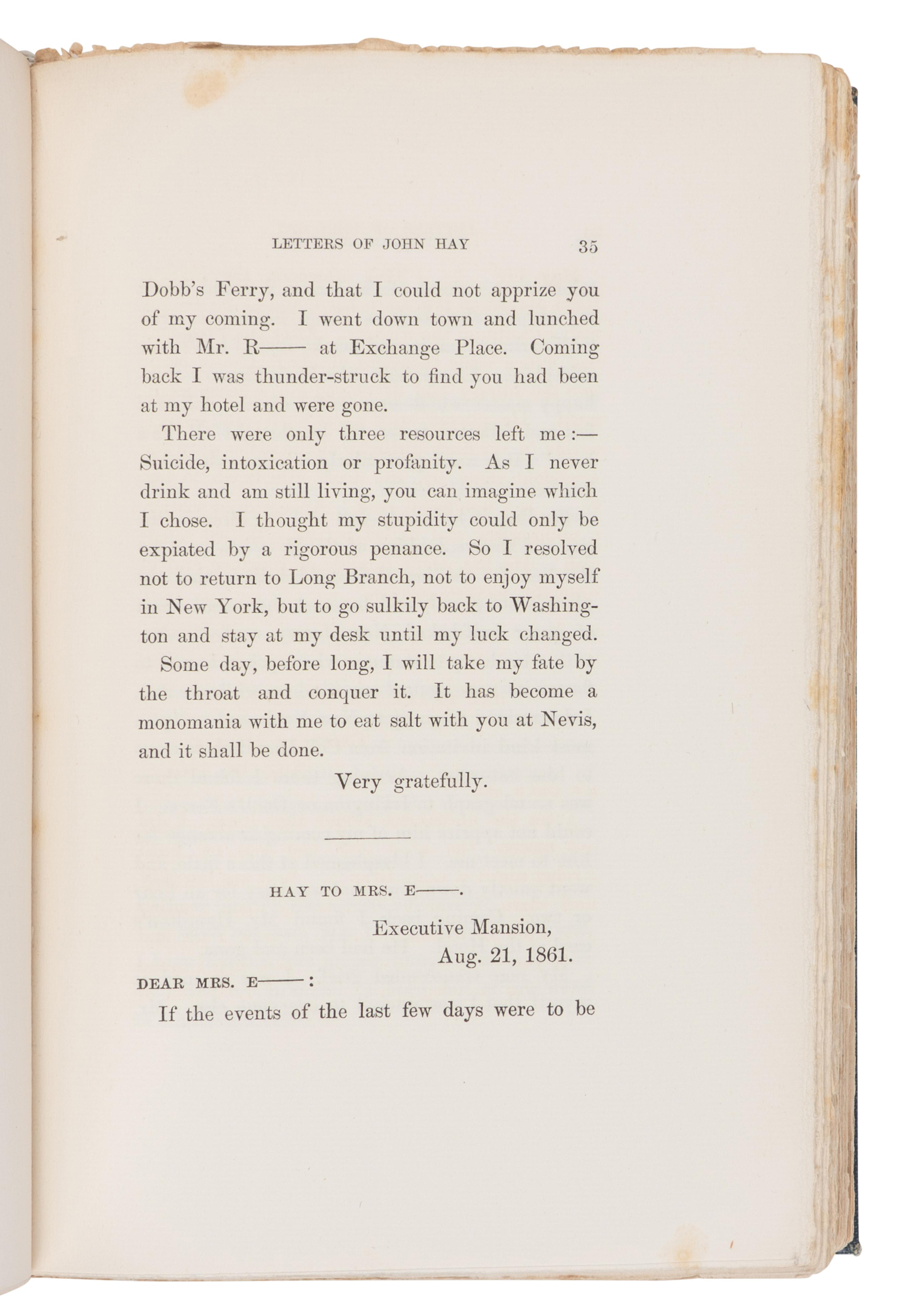 [LINCOLN, Robert Todd (1843-1926), his copy]. -- HAY, John (1838-1905). Letters of John Hay and Extracts from Diary . Washington, D.C.: Clara S. Hay, 1908.
