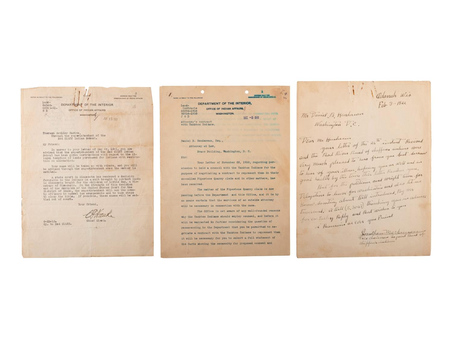 [NATIVE AMERICANS]. A collection of documents involving the Chippewa and Yankton Indians.