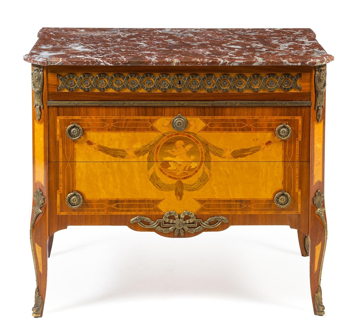 A Louis XVI Style Gilt Metal Mounted Parquetry Commode Height 32 x width 35 1/2 x depth 20 inches. — 20TH CENTURY