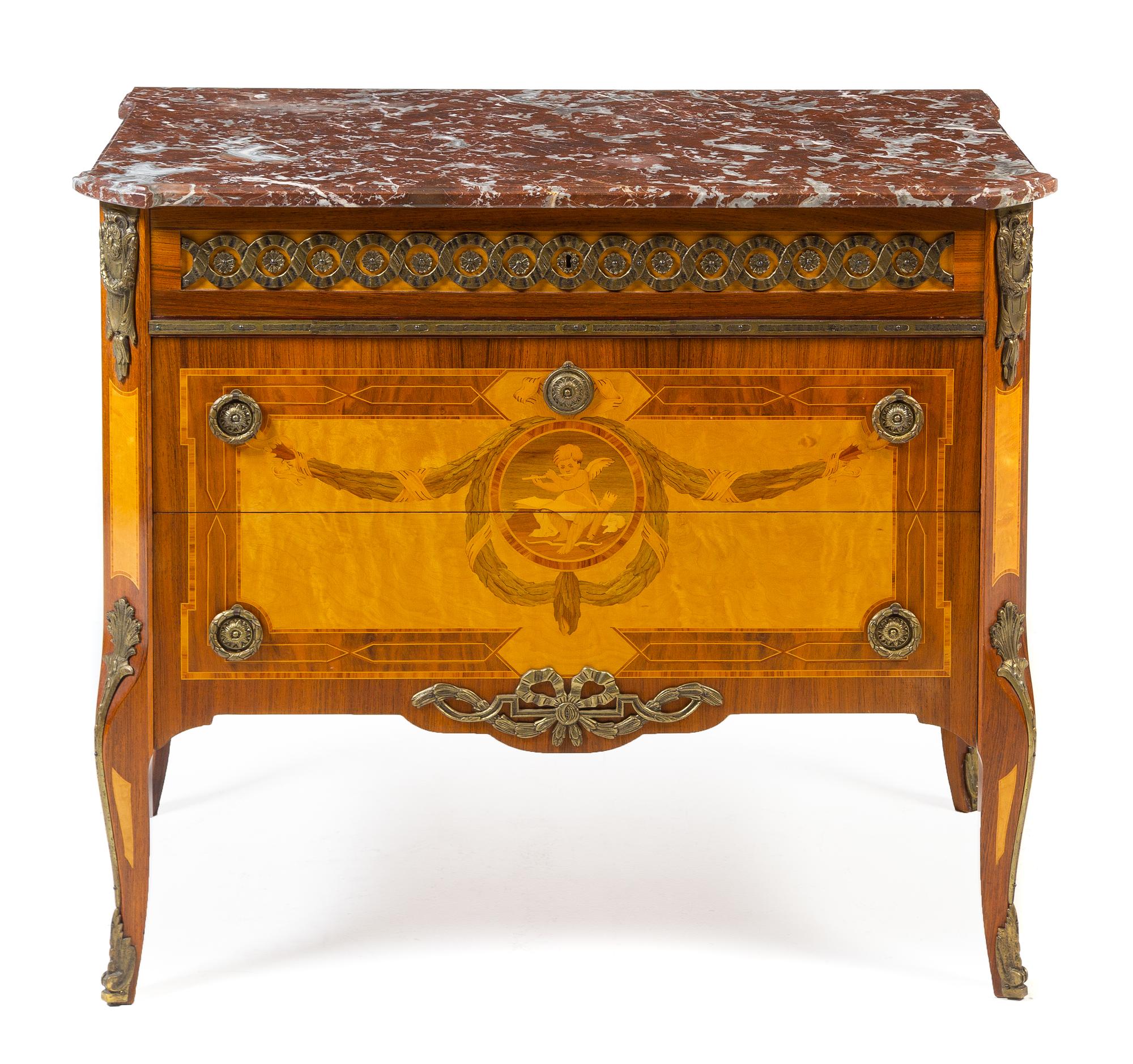 A Louis XVI Style Gilt Metal Mounted Parquetry Commode Height 32 x width 35 1/2 x depth 20 inches. — 20TH CENTURY