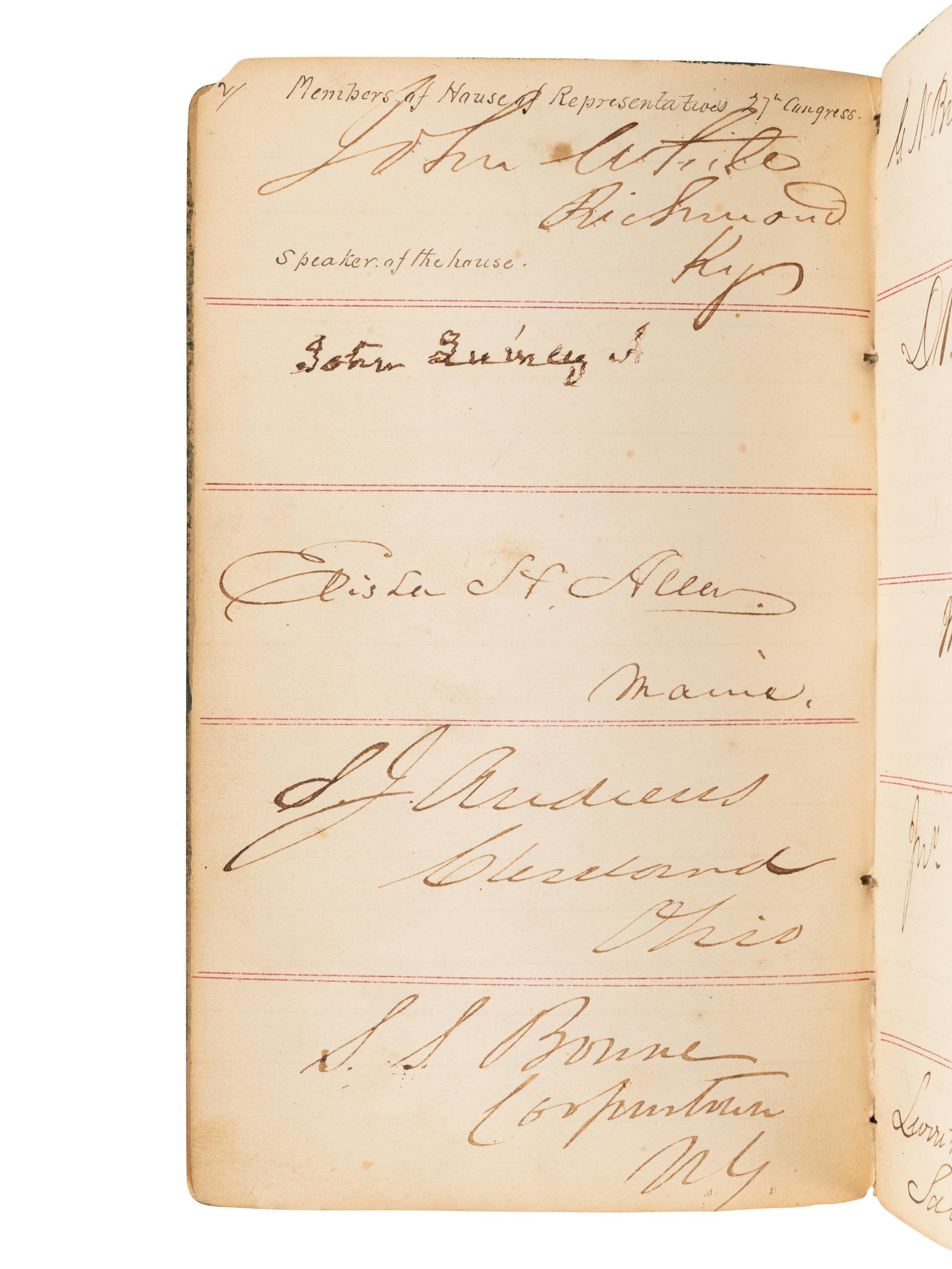 [TYLER, John (1790-1862) -- AUTOGRAPH ALBUM]. An autograph album, 1843, assembling more than 280 Senators and Congressmen, including three present, past or future Presidents.