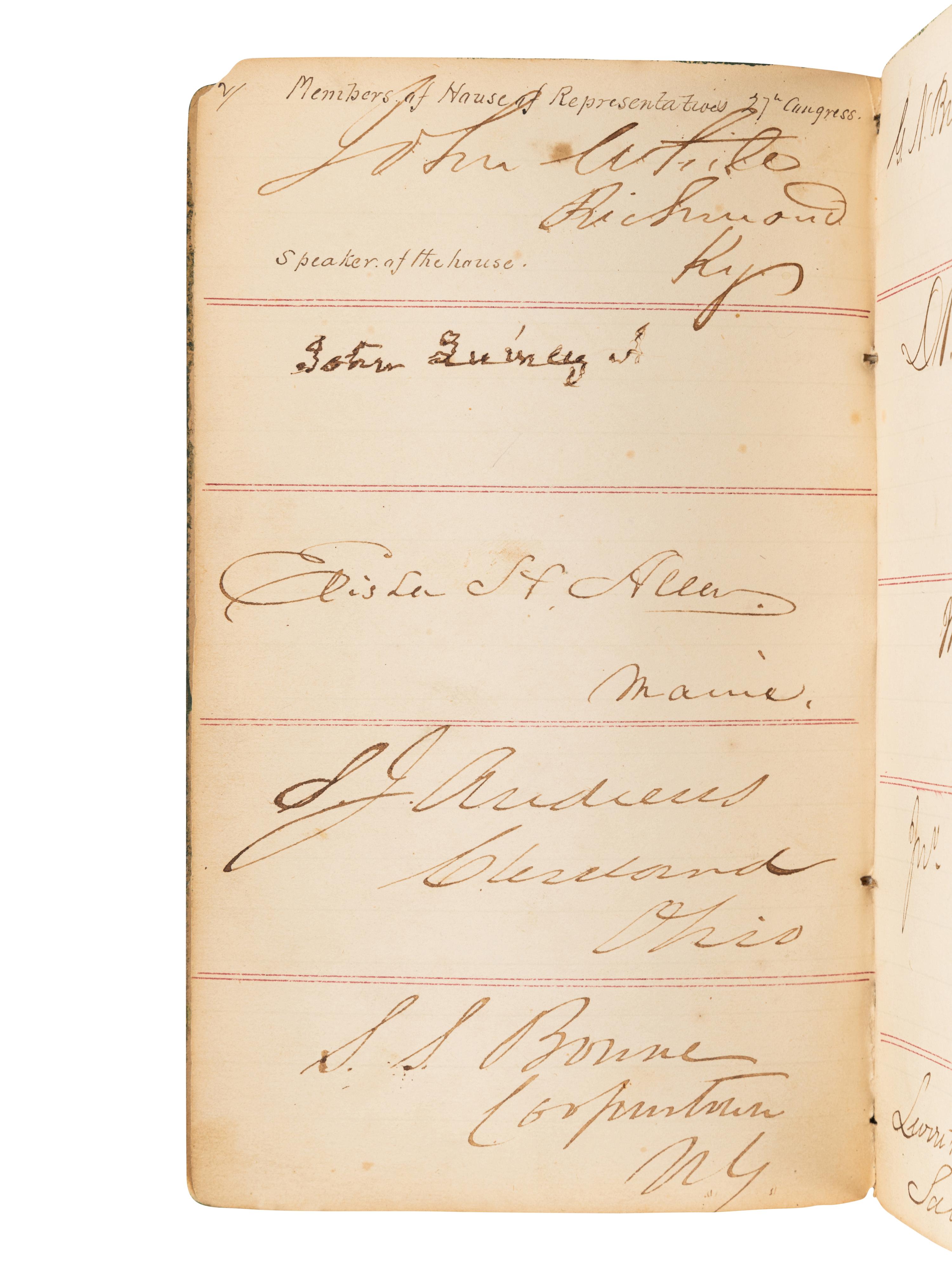 [TYLER, John (1790-1862) -- AUTOGRAPH ALBUM]. An autograph album, 1843, assembling more than 280 Senators and Congressmen, including three present, past or future Presidents.