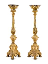 A Pair of Gilt Brass Altar Candlesticks with Associated Marble Tops