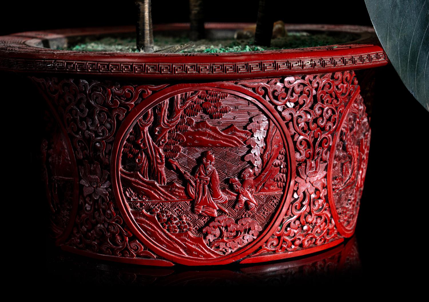 A Pair of Chinese Cinnabar Lacquer Jardinières with Jade and Hardstone Trees