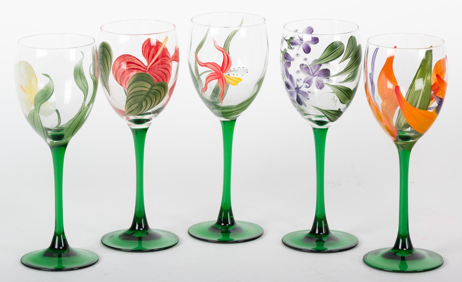 A Set of Hand painted Wine Glasses Height 8 inches.
