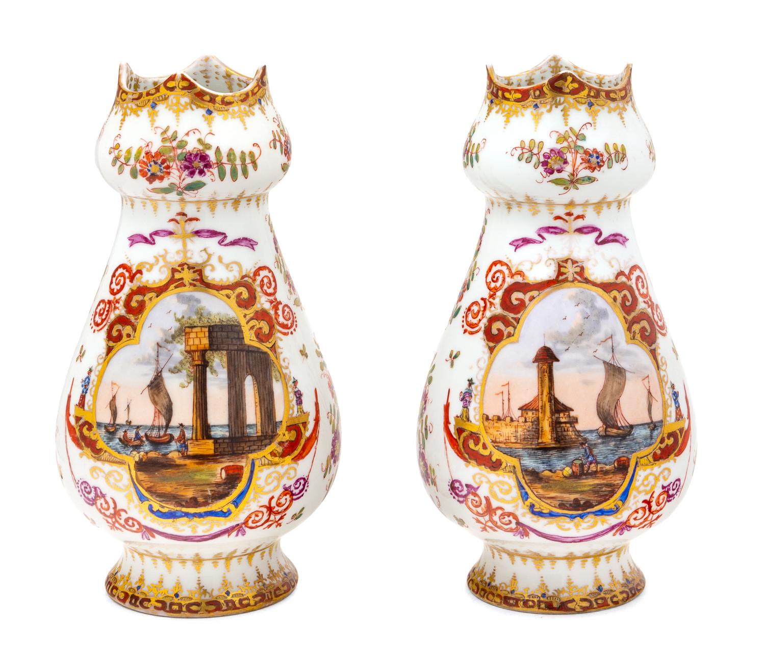 A Pair of Dresden Painted Porcelain Vases Height 9 1/2 inches. — 19TH CENTURY