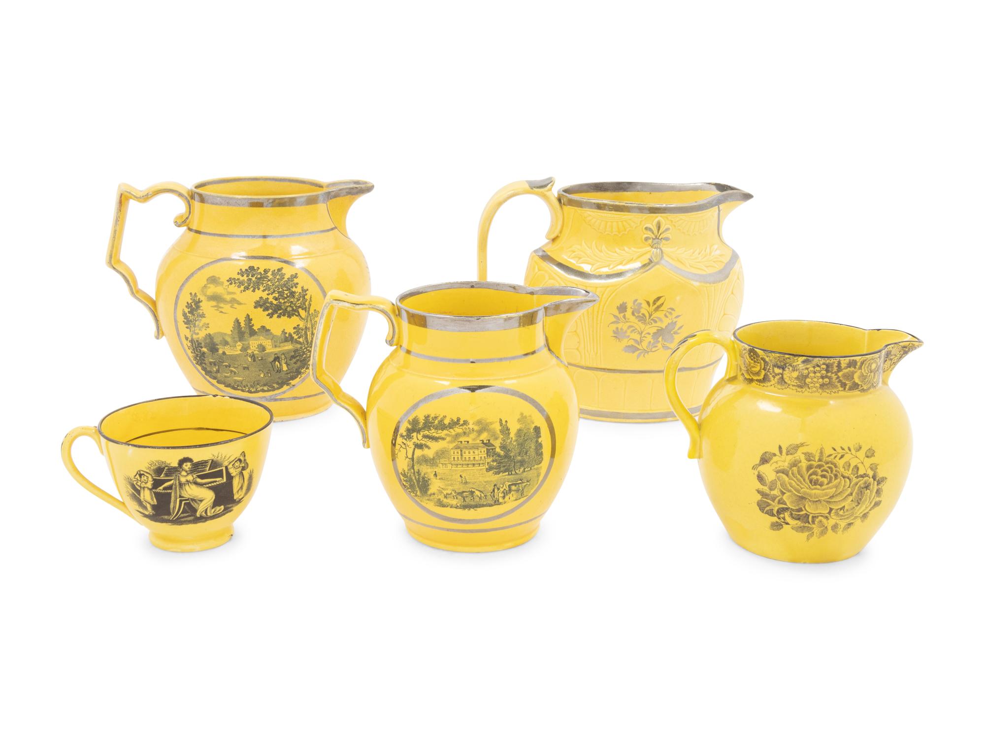 A Collection of Thirteen English Yellow Ground Transfer Wares