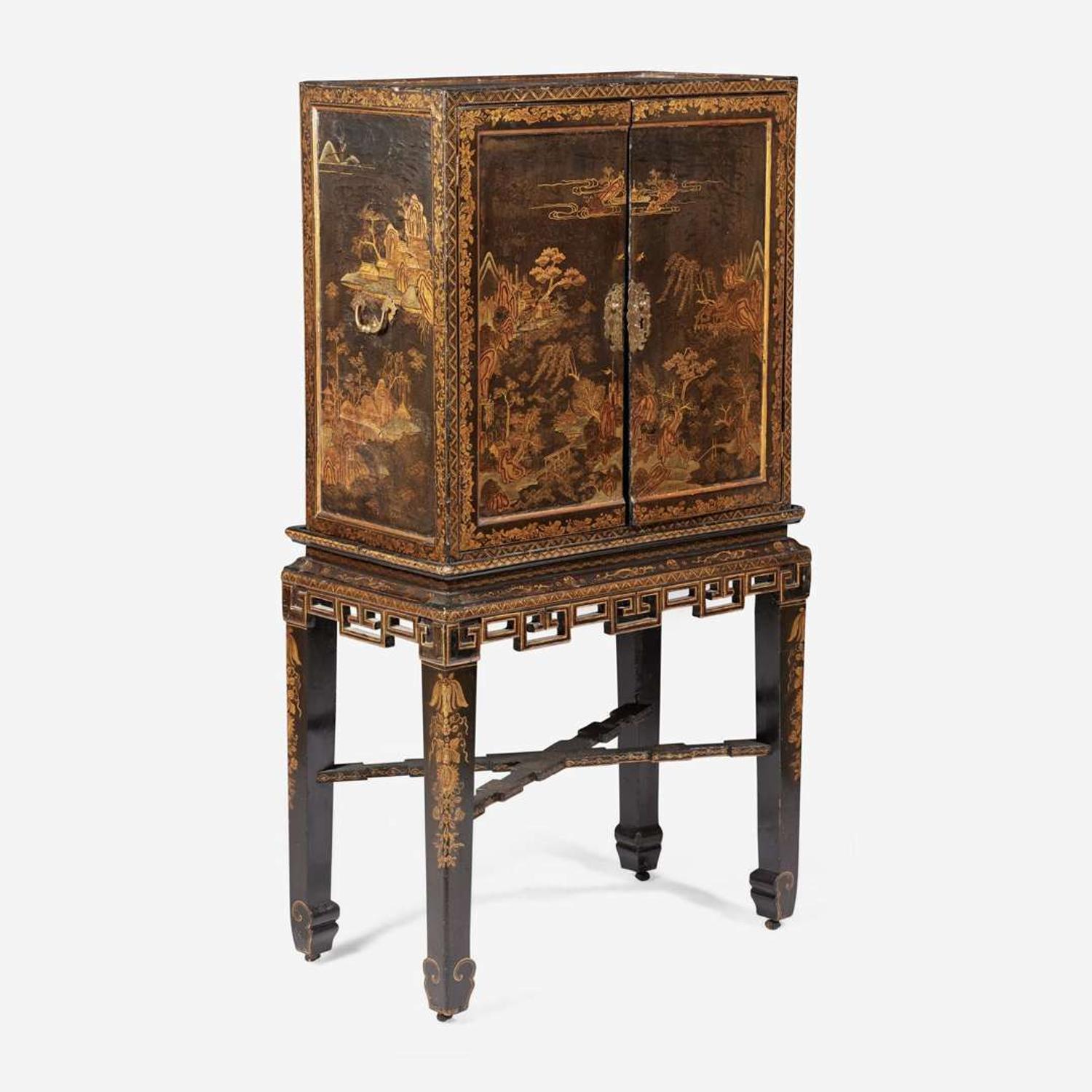 A Chinese Export gilt-decorated black lacquer cabinet-on-stand circa 1750