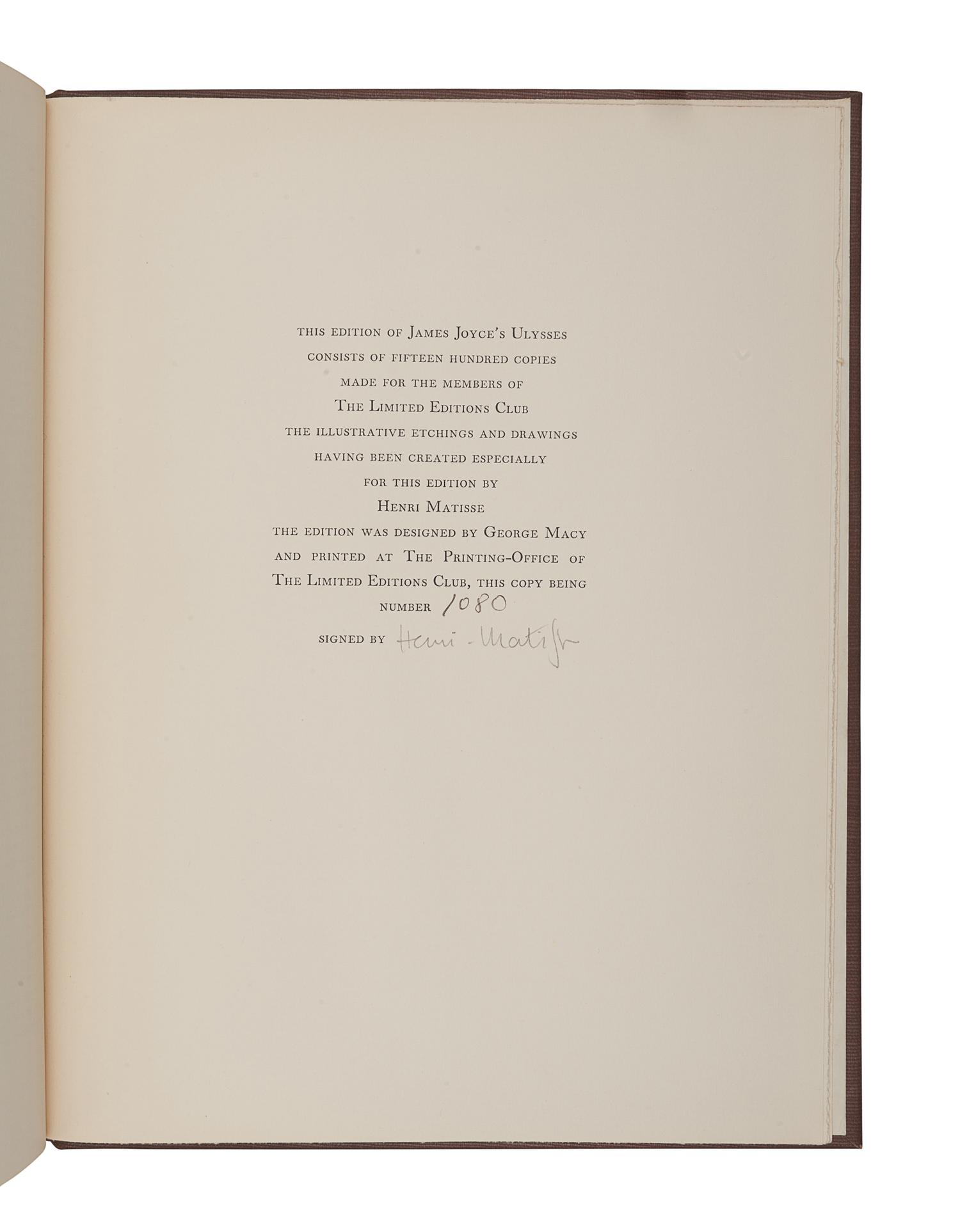 [FINE PRESS & LIVRE D'ARTISTE] -- [LIMITED EDITIONS CLUB] -- JOYCE, James (1882-1941). -- MATISSE, Henri (1869-1954), illustrator. Ulysses . New York: Limited Editions Club, 1935.