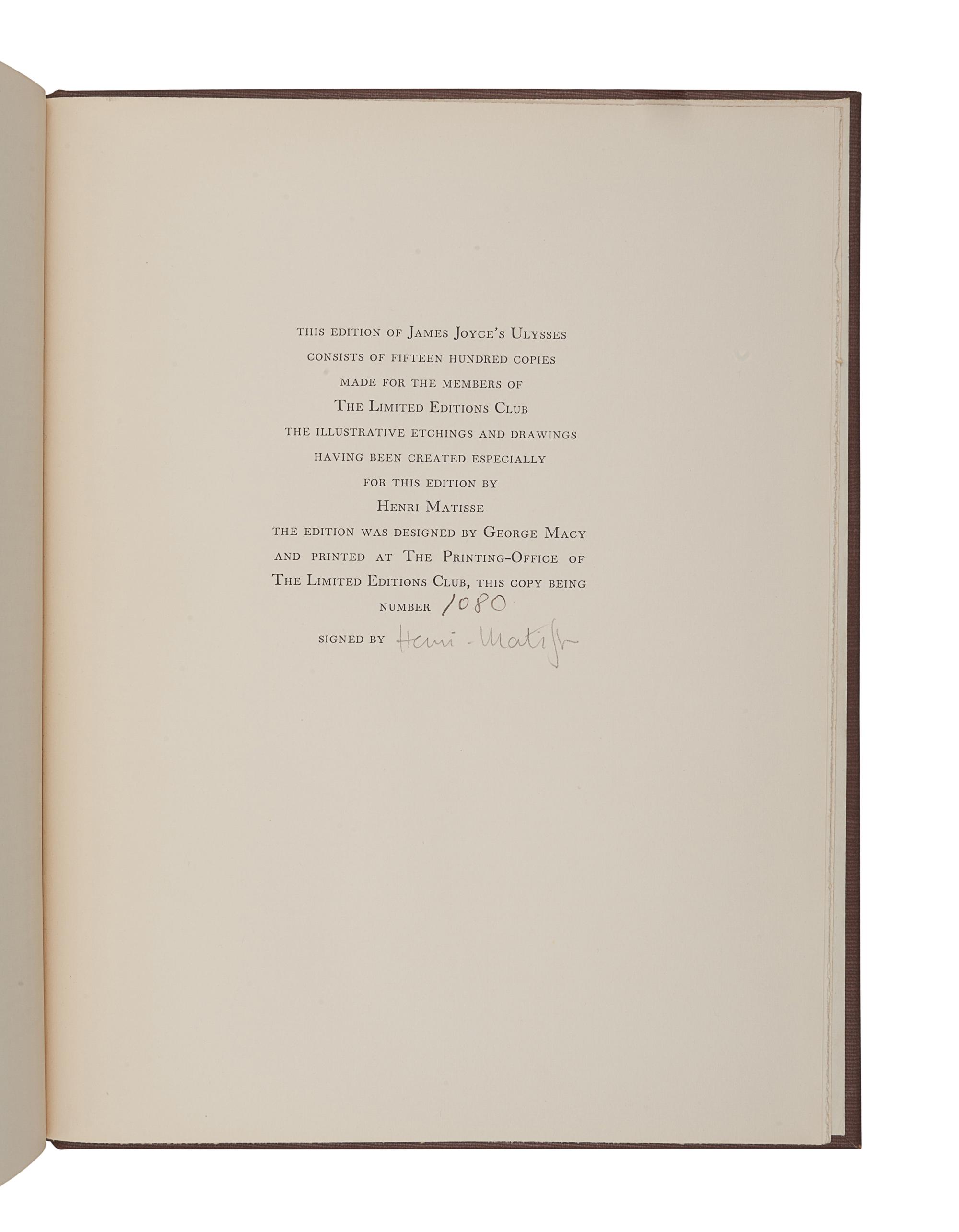 [FINE PRESS & LIVRE D'ARTISTE] -- [LIMITED EDITIONS CLUB] -- JOYCE, James (1882-1941). -- MATISSE, Henri (1869-1954), illustrator. Ulysses . New York: Limited Editions Club, 1935.