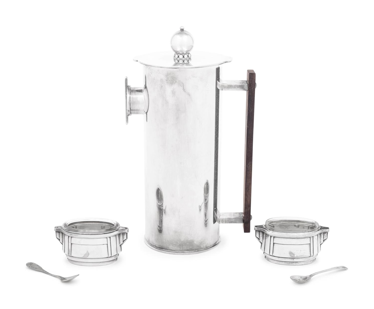 An Art Deco Style Silver-Plate Cocktail Pitcher and a Pair of French Silver Salt Cellars