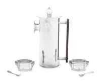 An Art Deco Style Silver-Plate Cocktail Pitcher and a Pair of French Silver Salt Cellars