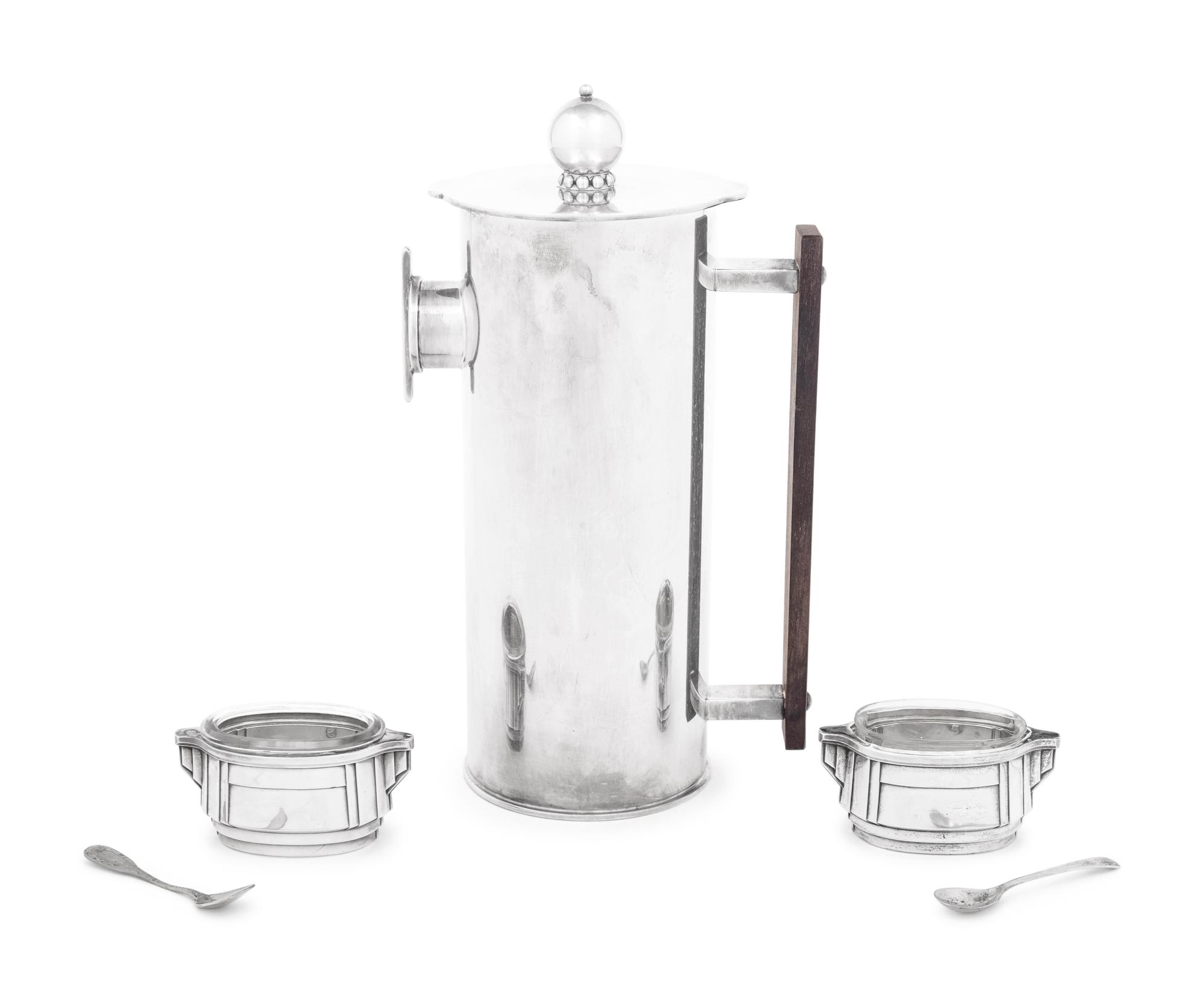 An Art Deco Style Silver-Plate Cocktail Pitcher and a Pair of French Silver Salt Cellars