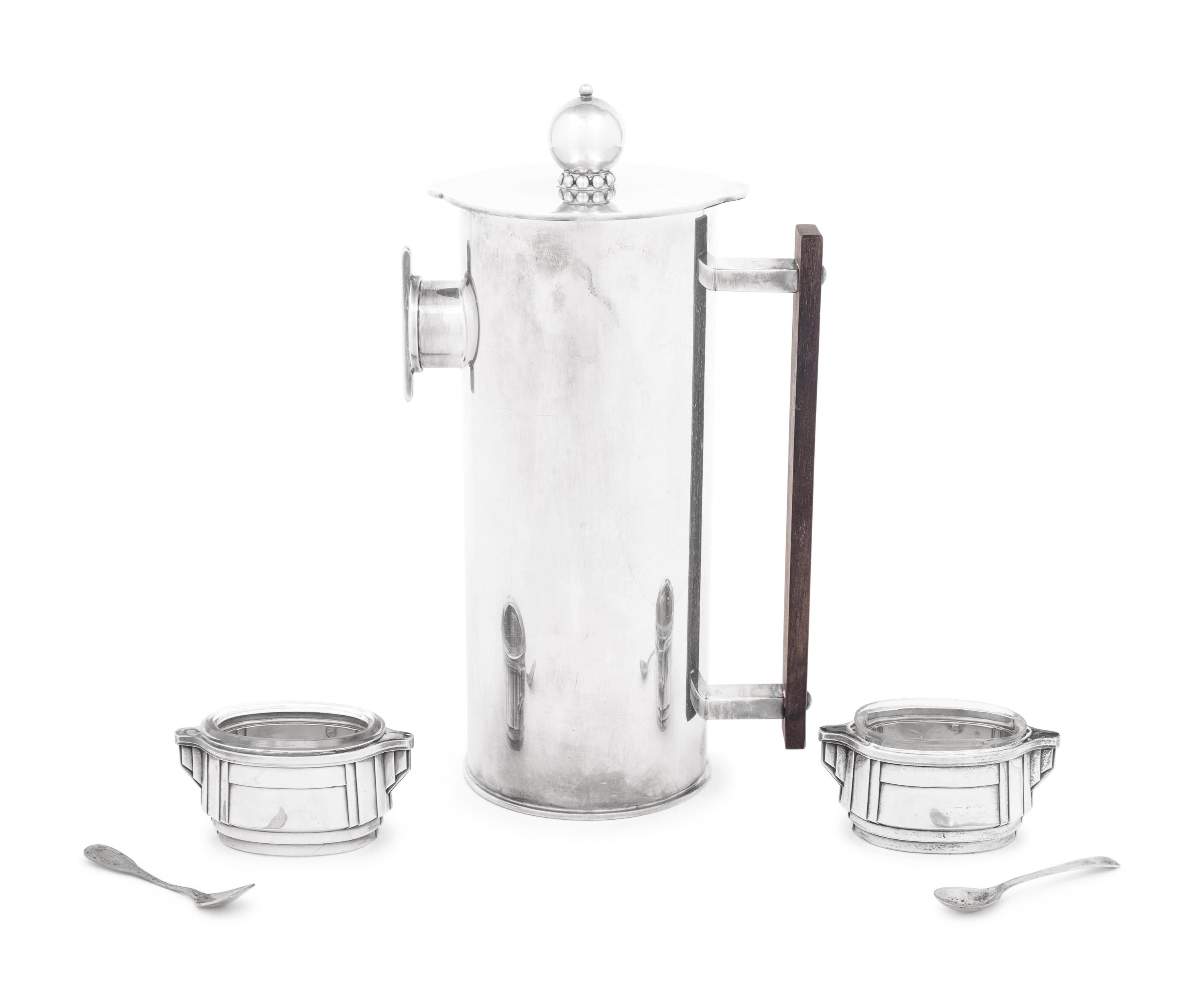 An Art Deco Style Silver-Plate Cocktail Pitcher and a Pair of French Silver Salt Cellars