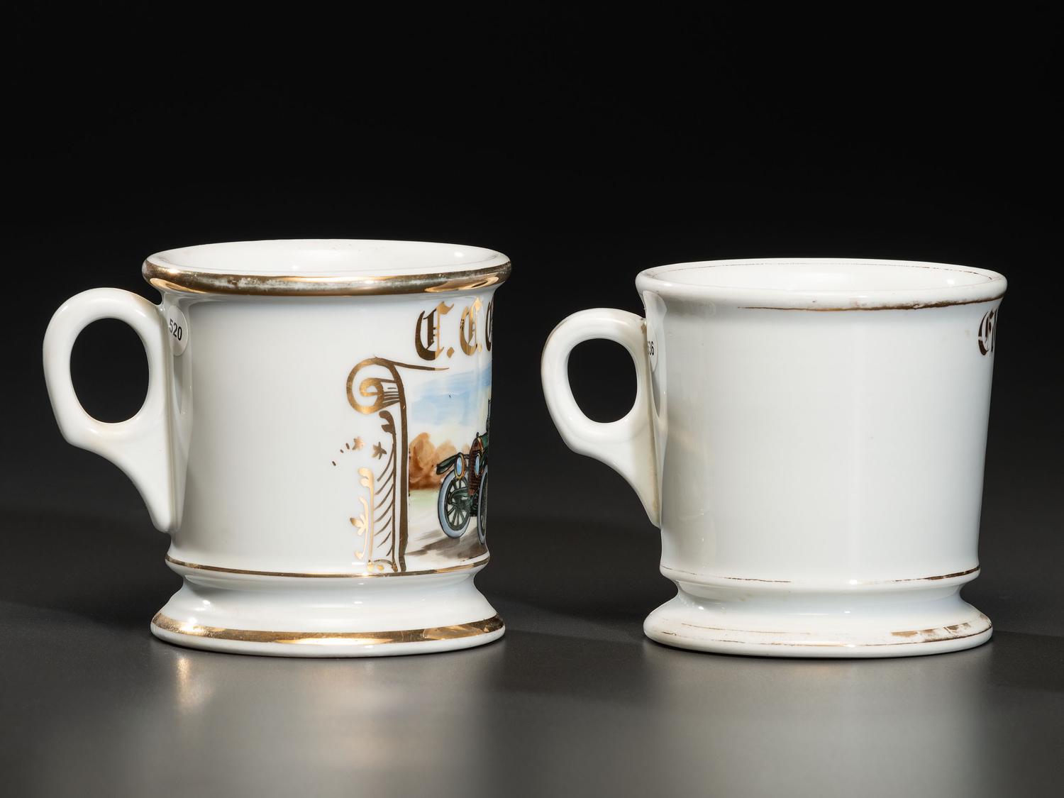 Two Porcelain Shaving Mugs Depicting Automobiles with Drivers