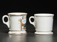 Two Porcelain Shaving Mugs Depicting Automobiles with Drivers