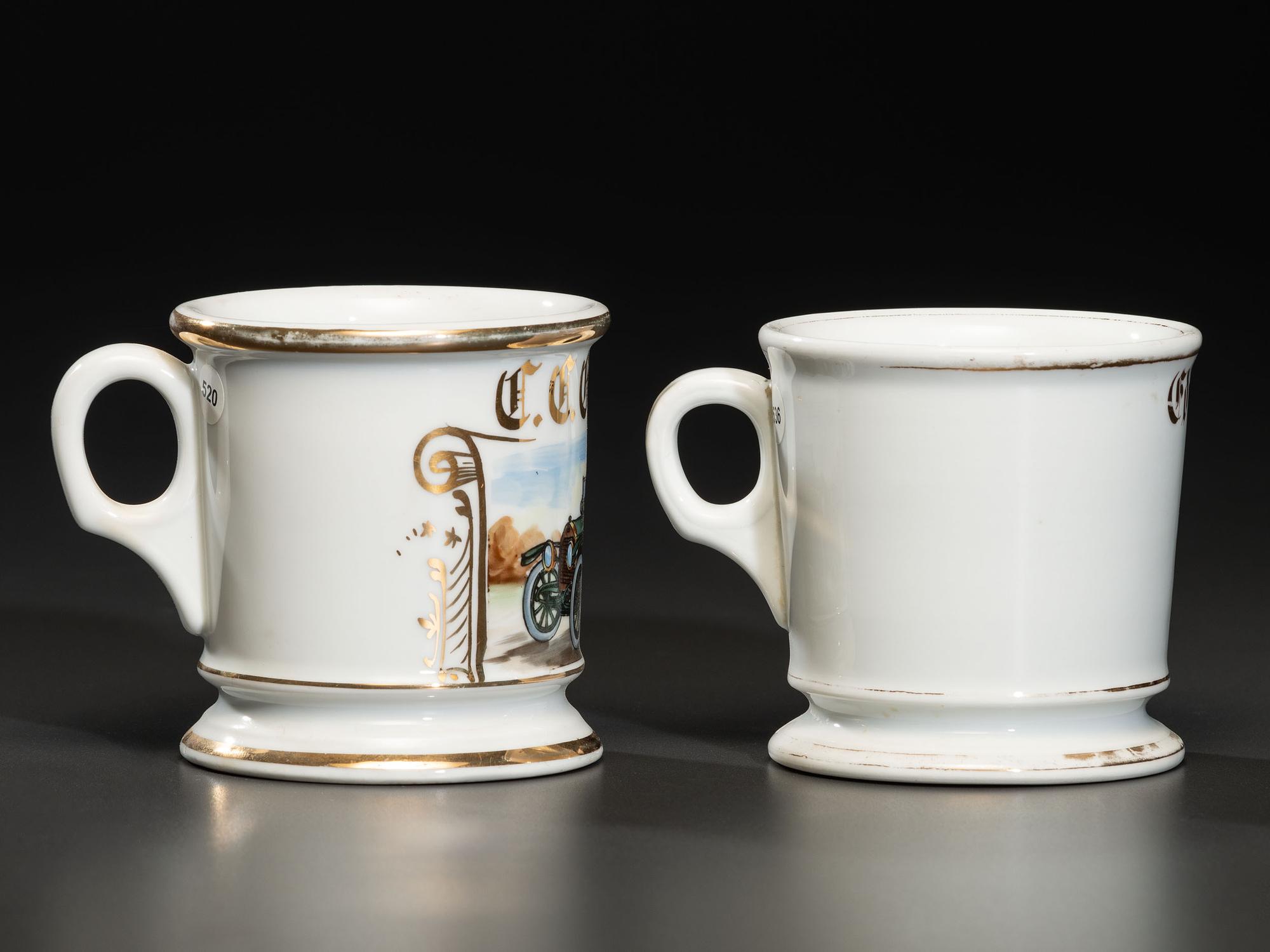 Two Porcelain Shaving Mugs Depicting Automobiles with Drivers