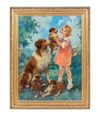 Artist Unknown (20th century) Little Girl with Dogs oil on…