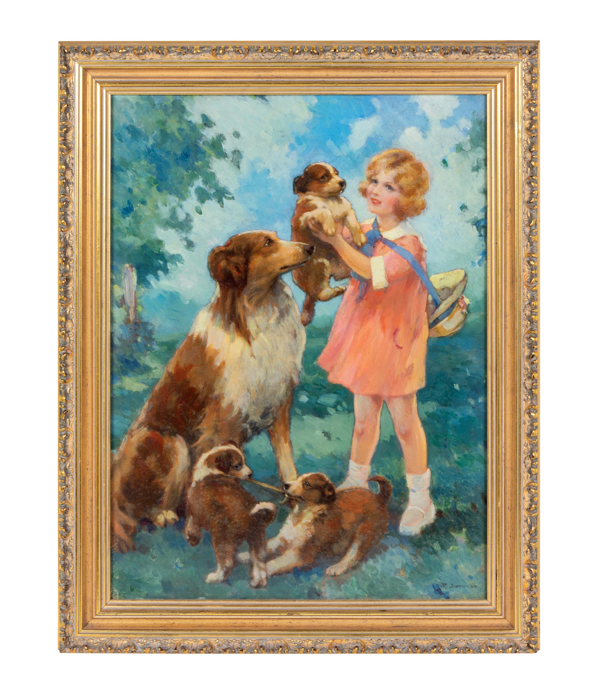 Artist Unknown (20th century) Little Girl with Dogs oil on…