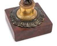 A Pair of French Gilt and Patinated Bronze and Marble Figural Candlesticks in the Form of Atlas