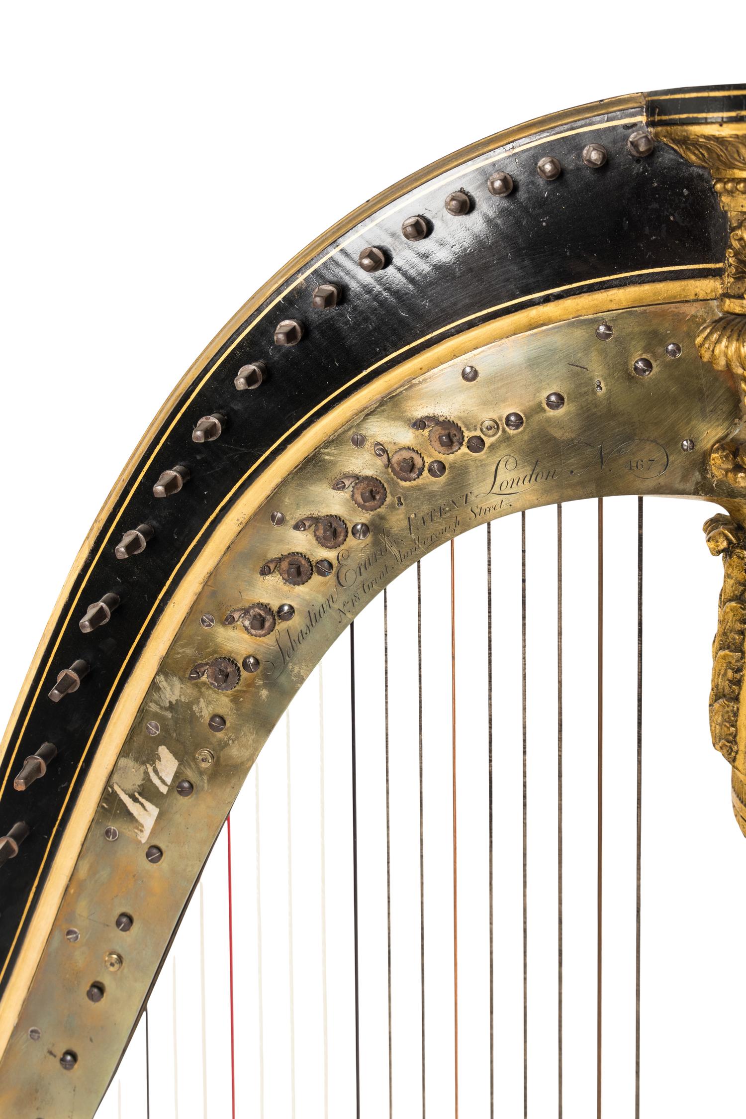 A Regency Brass Mounted, Stencil Decorated, Parcel Gilt and Ebonized Harp