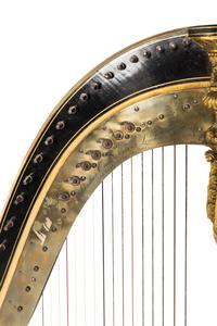 A Regency Brass Mounted, Stencil Decorated, Parcel Gilt and Ebonized Harp