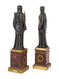 A Pair of Large Empire Style Gilt and Patinated Bronze and Marble Figural Candelabra Bases