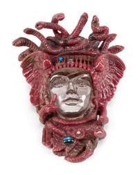 A Carved Rhodonite and Rock Crystal Medusa Mask