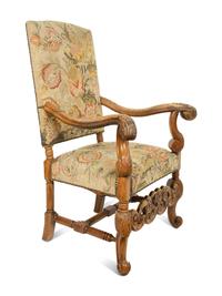 A Regence Style Carved Oak High Back Armchair with Needlework Upholstered Back and Seat — 19TH CENTURY