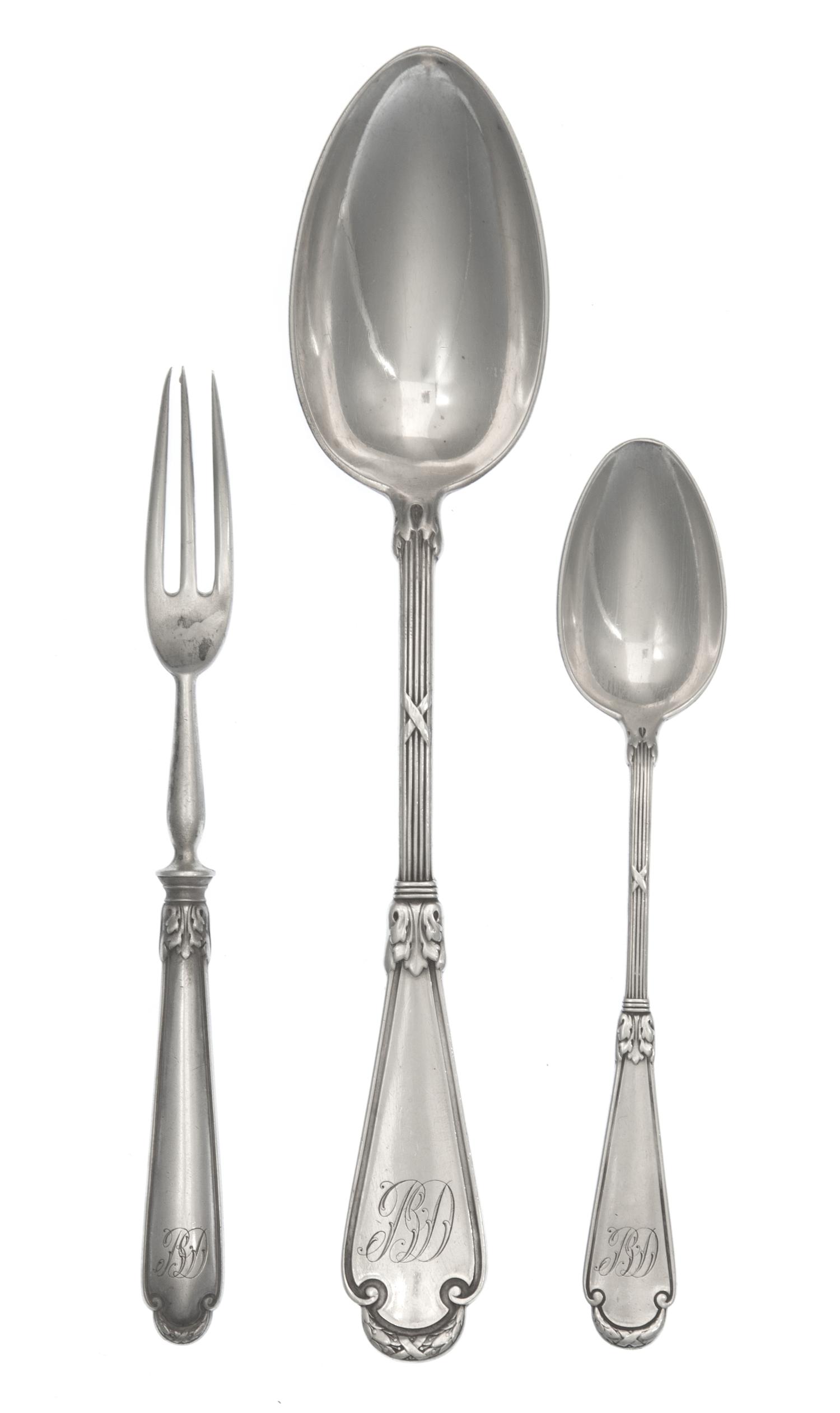 A Group of Russian Silver Flatware, Mark of Karl Faberge, St. Petersburg, the handles with tied garland terminals, comprising: 3 table