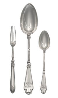 A Group of Russian Silver Flatware, Mark of Karl Faberge, St. Petersburg, the handles with tied garland terminals, comprising: 3 table