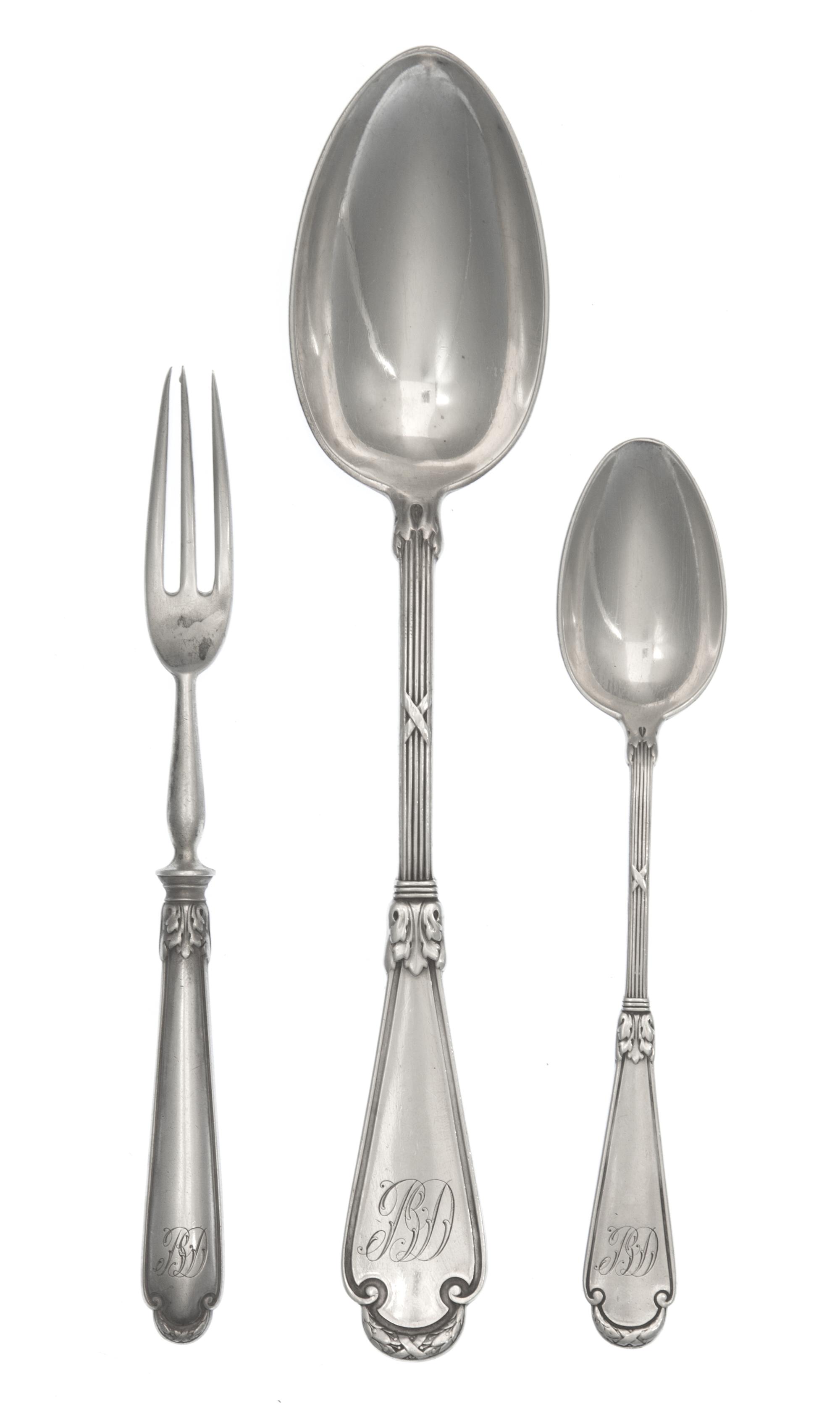 A Group of Russian Silver Flatware, Mark of Karl Faberge, St. Petersburg, the handles with tied garland terminals, comprising: 3 table