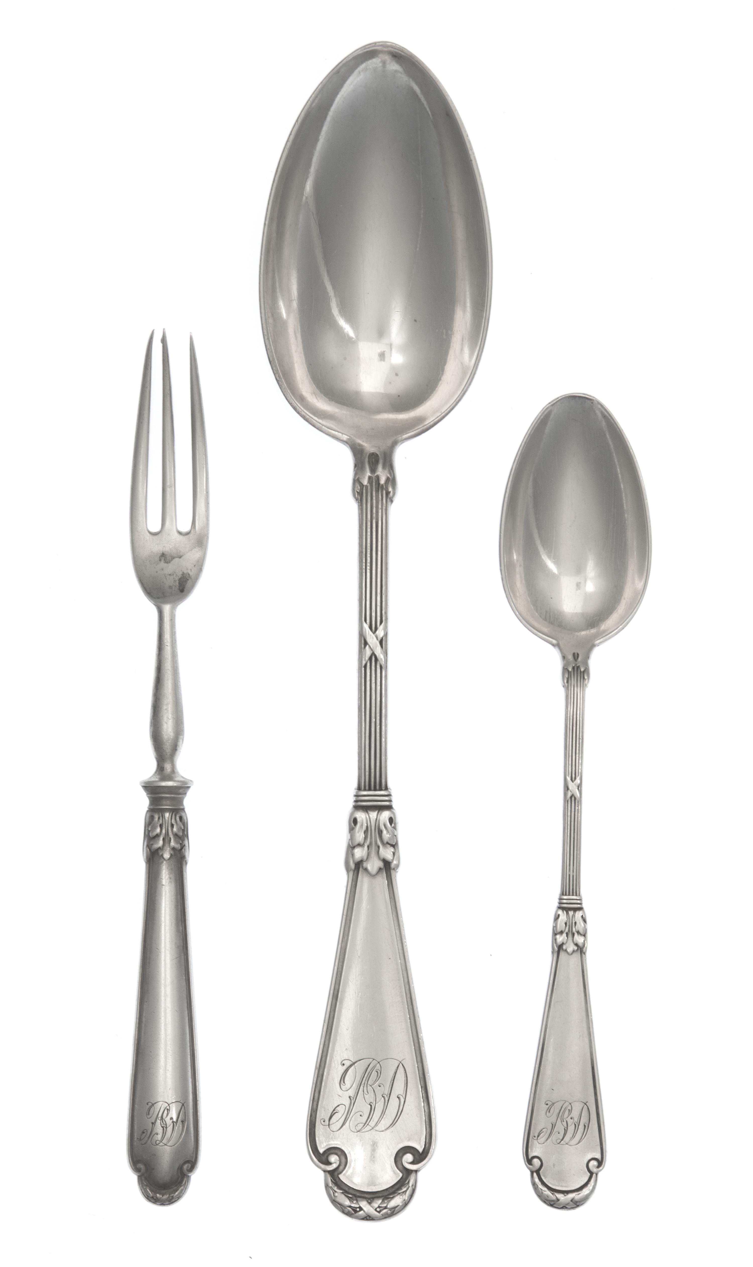 A Group of Russian Silver Flatware, Mark of Karl Faberge, St. Petersburg, the handles with tied garland terminals, comprising: 3 table
