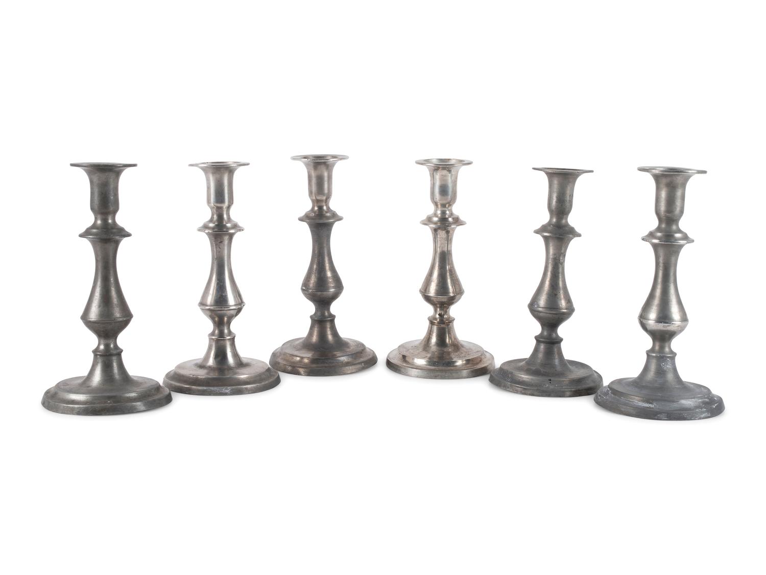 Six Baluster Form Pewter Candlesticks