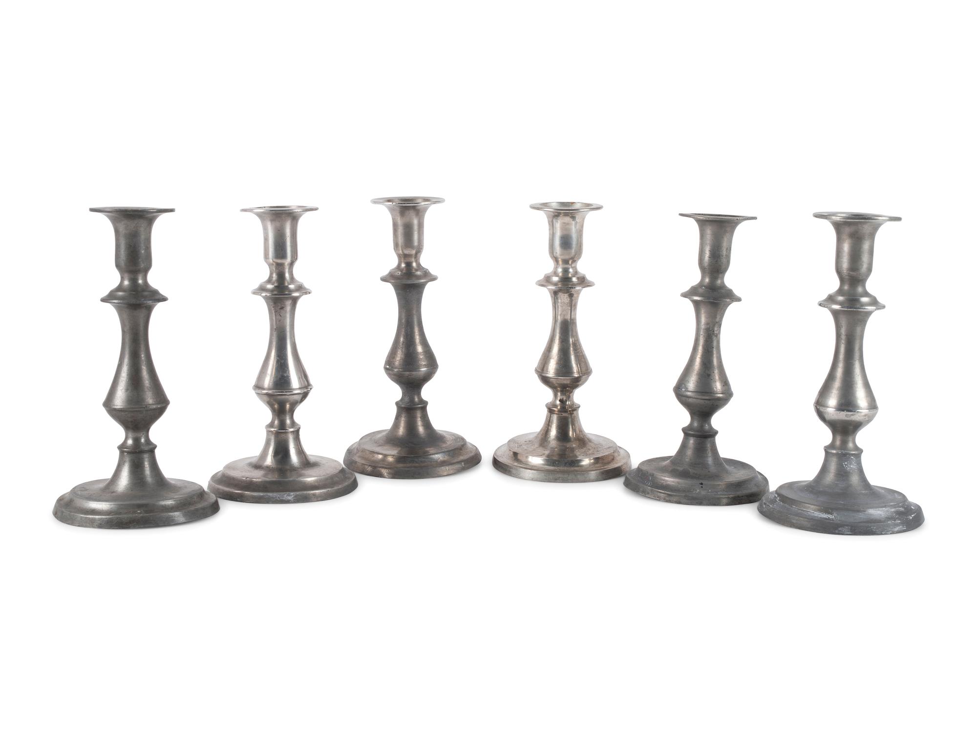 Six Baluster Form Pewter Candlesticks