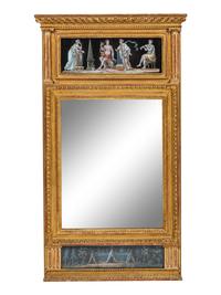 A North European Neoclassical Gouache Panel Inset Giltwood Mirror