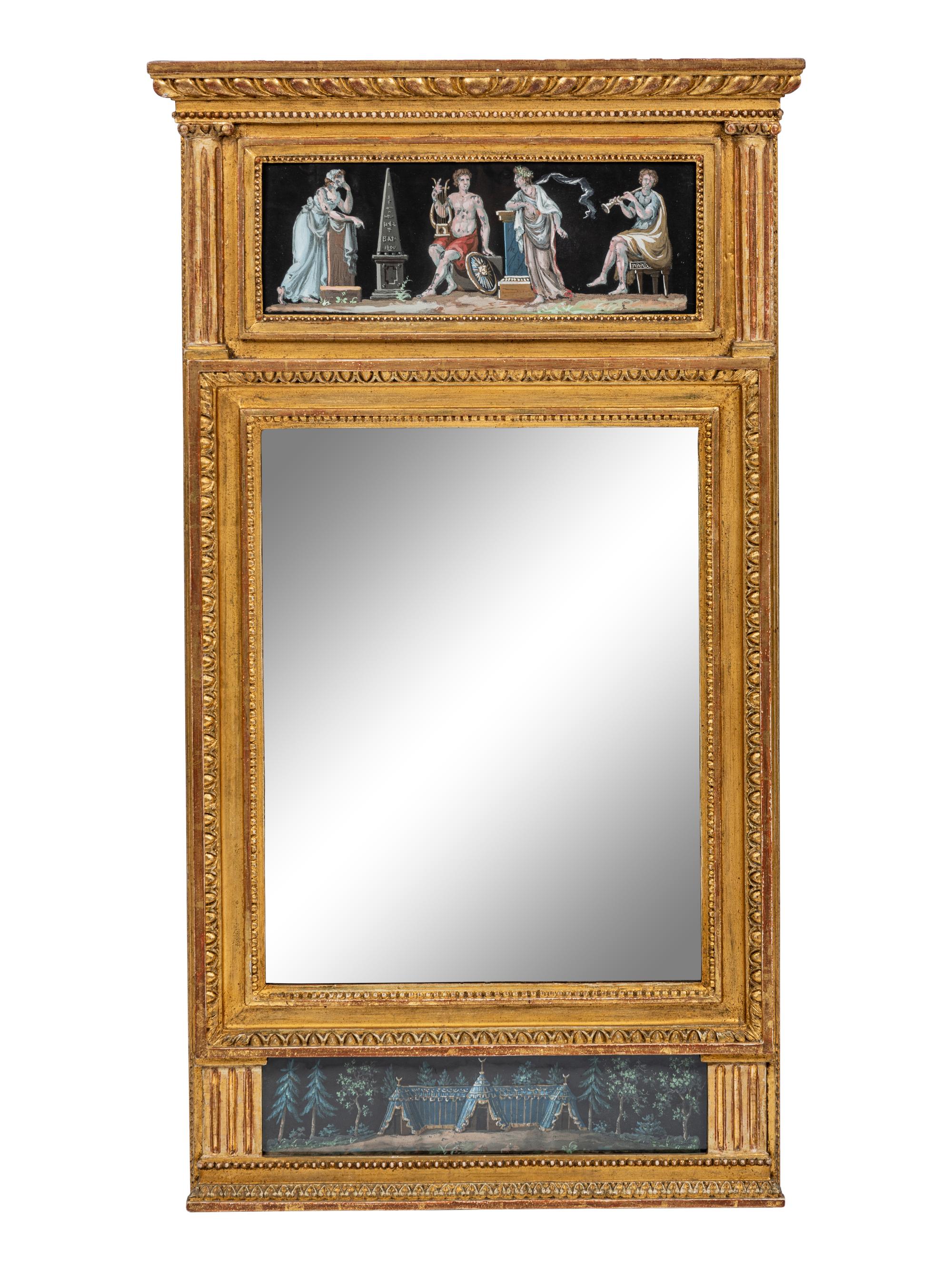 A North European Neoclassical Gouache Panel Inset Giltwood Mirror