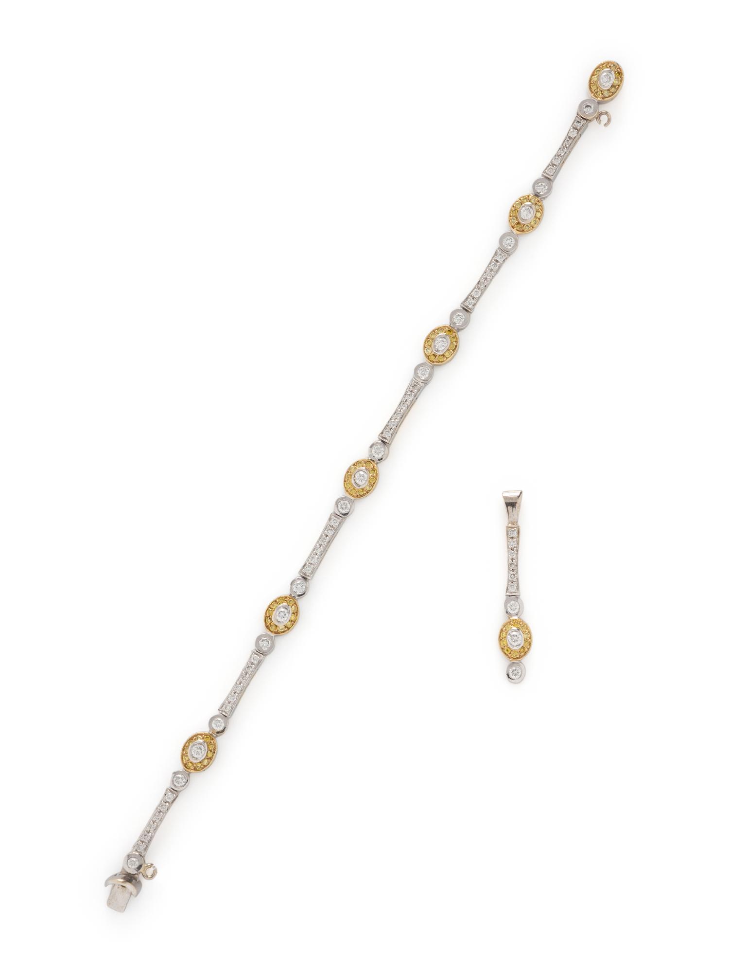 BICOLOR GOLD, DIAMOND, AND COLORED DIAMOND BRACELET AND PENDANT