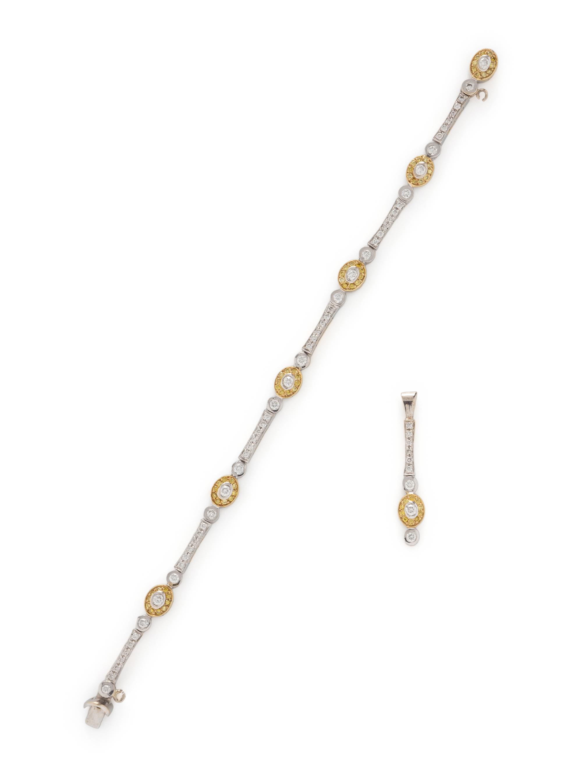 BICOLOR GOLD, DIAMOND, AND COLORED DIAMOND BRACELET AND PENDANT
