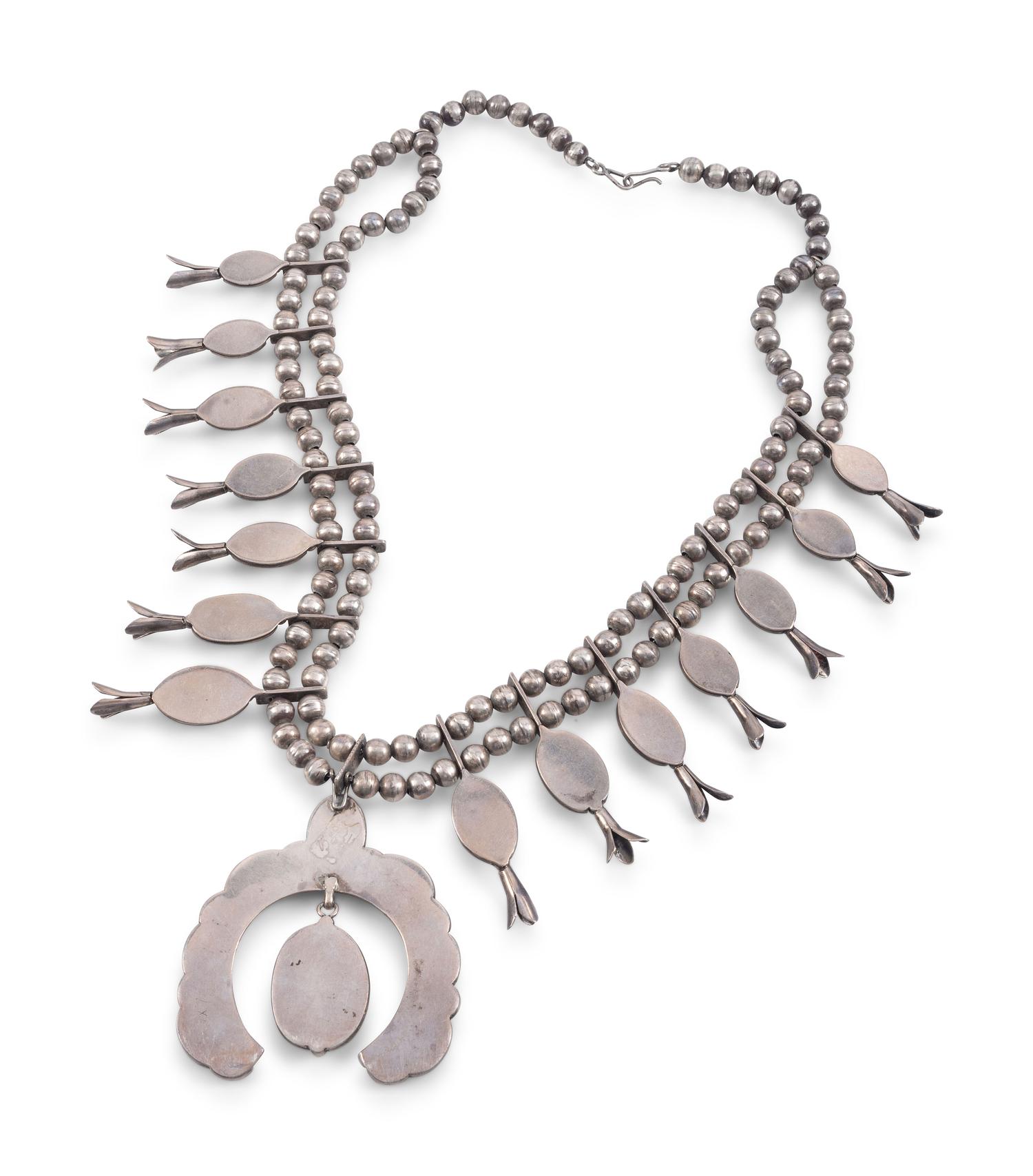 Navajo Silver and Turquoise Squash Blossom Necklace