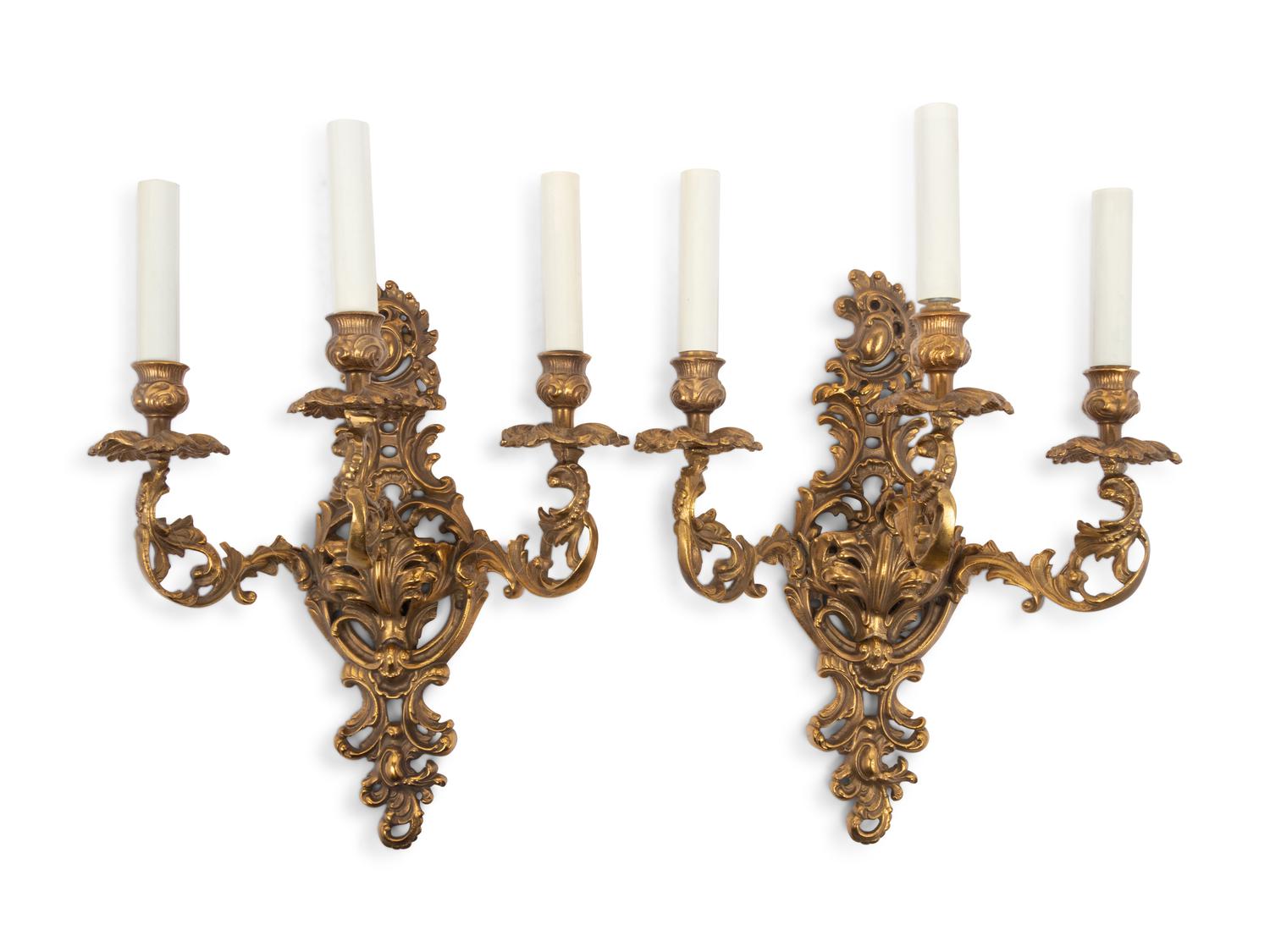 A Pair of Continental Gilt Bronze Three-Light Sconces