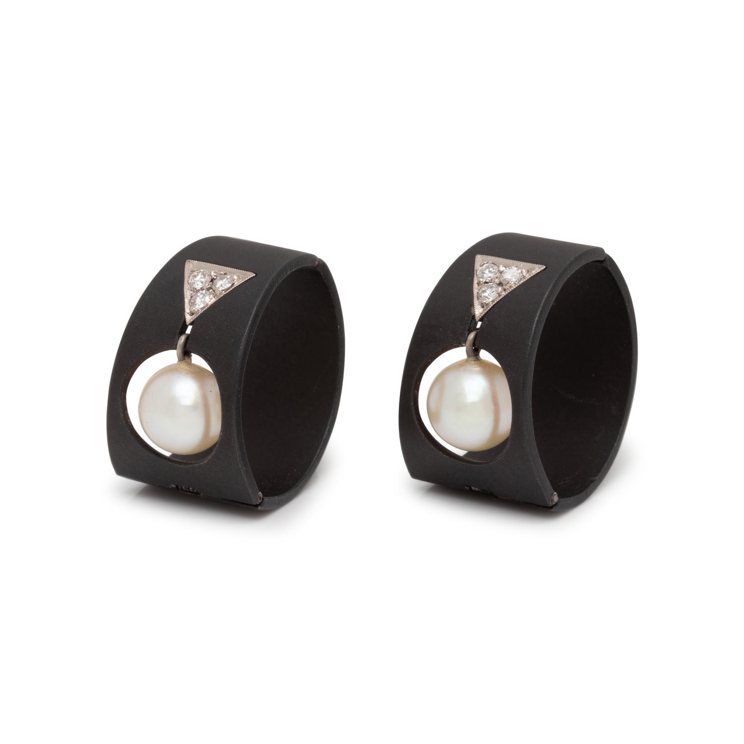 MARSH & CO, ART MODERNE, BLACKENED STEEL, CULTURED PEARL AND DIAMOND EARCLIPS