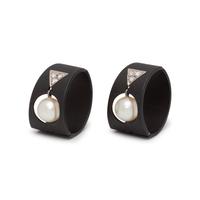 MARSH & CO, ART MODERNE, BLACKENED STEEL, CULTURED PEARL AND DIAMOND EARCLIPS